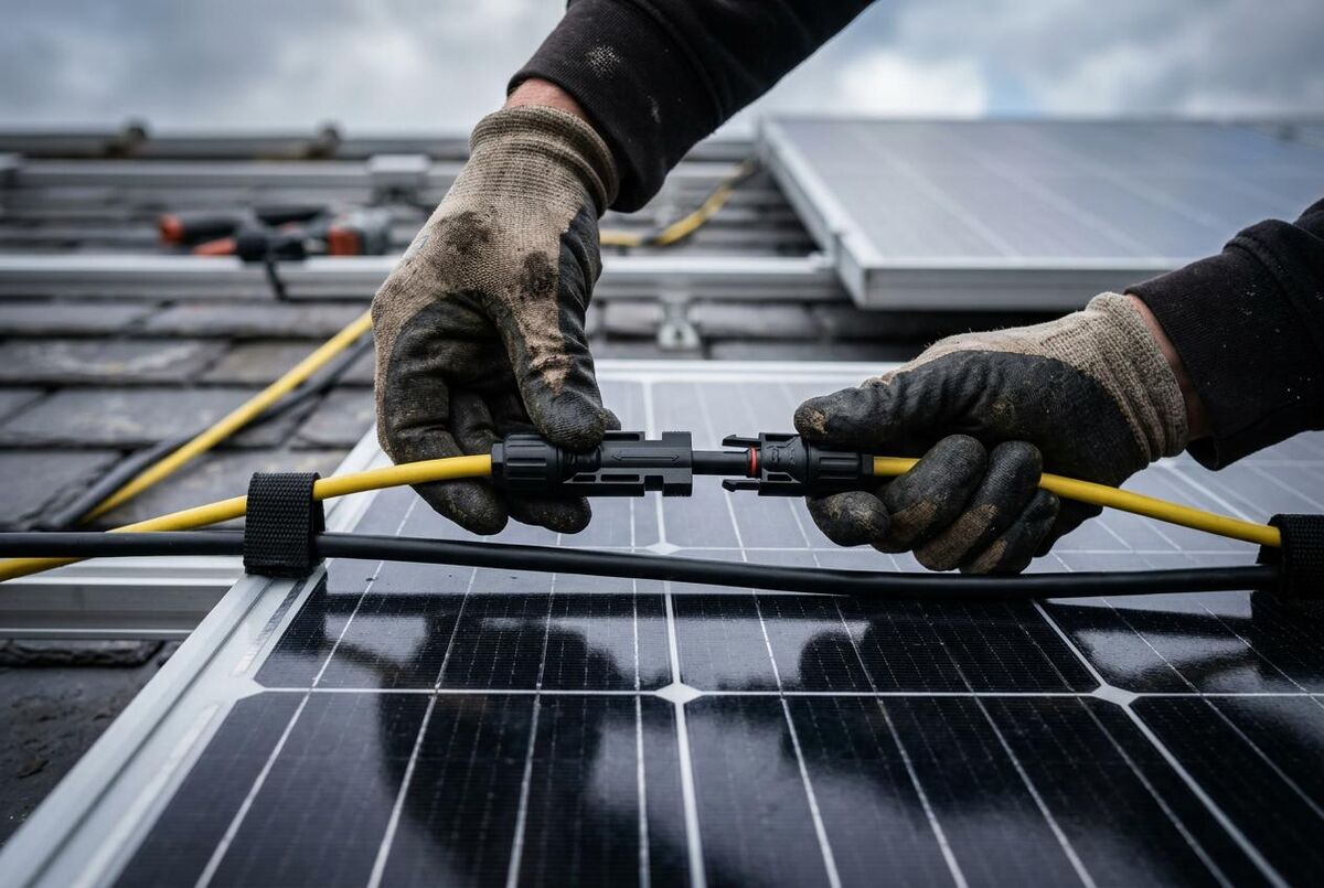 Close-up of solar panel MC4 connector being fitted during installation
