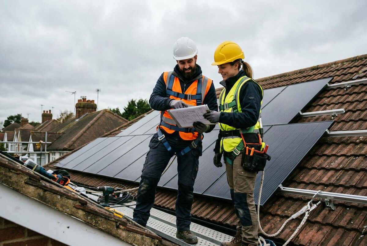 Two solar installers reviewing plans on a rooftop installation site