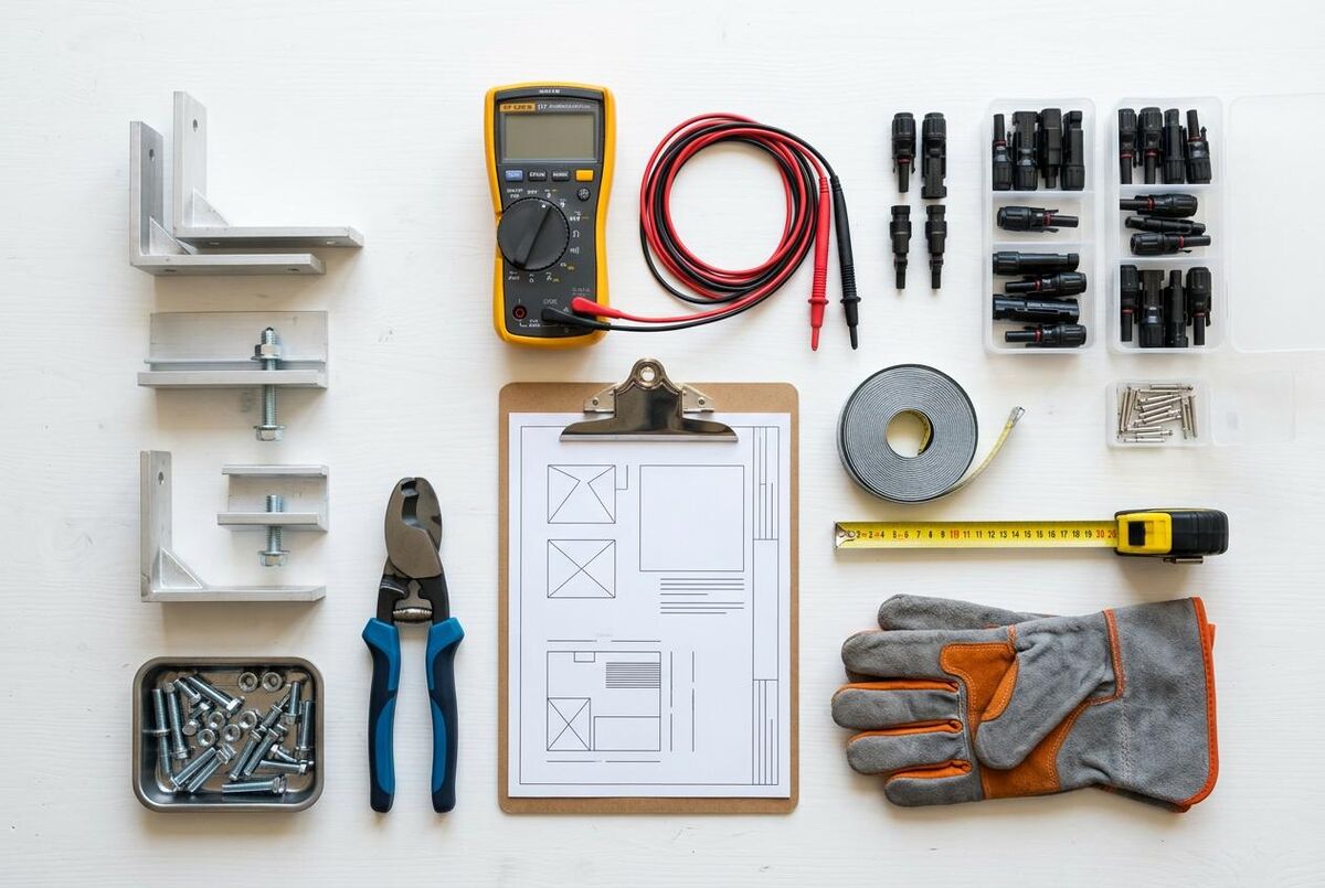 Solar installation tools and equipment laid out on a workbench