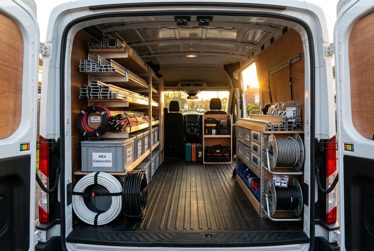 Interior of an organised work van with solar installation equipment