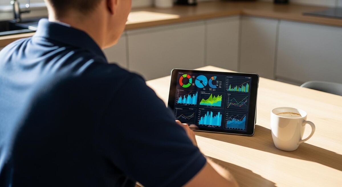 A tradesperson reviewing a marketing calendar on a tablet at a kitchen table