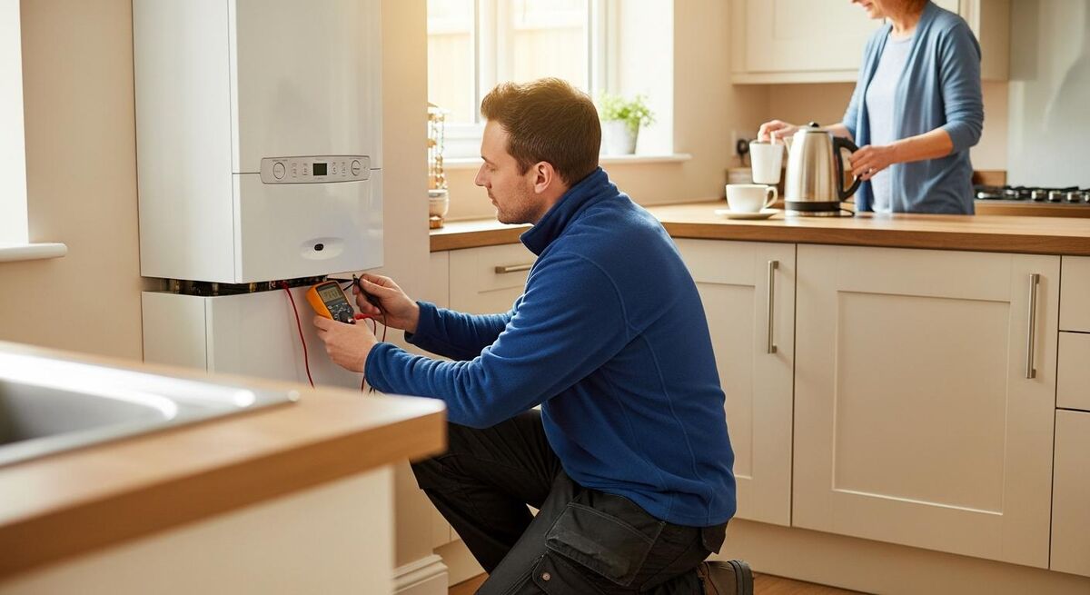 A heating engineer checking a boiler during a routine maintenance visit in a residential home