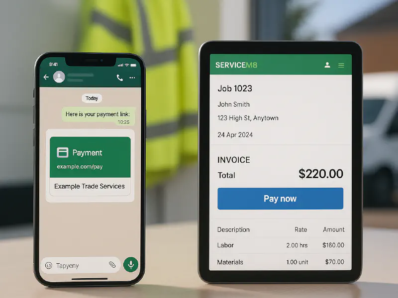Send a ServiceM8 invoice on WhatsApp with a Pay now link (fast UK setup) featured image
