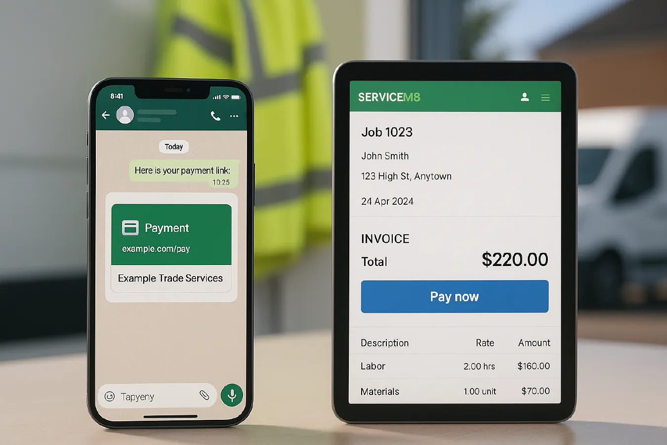 Send a ServiceM8 invoice on WhatsApp with a Pay now link (fast UK setup) featured image