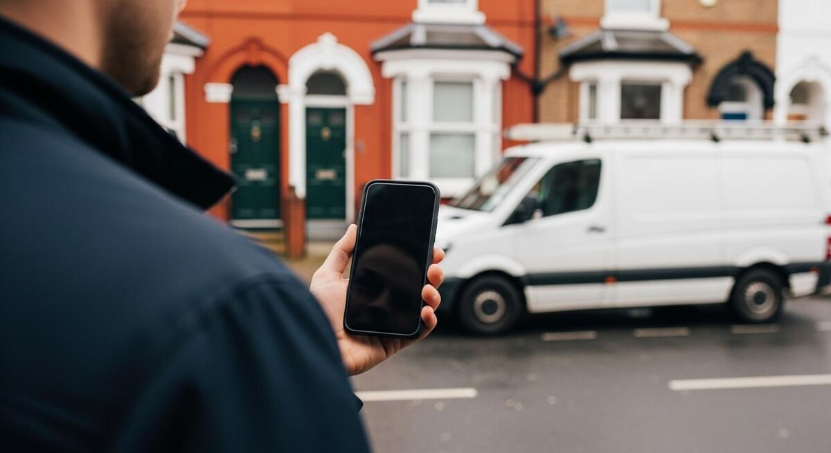 Person standing outside a house checking their phone for booking details