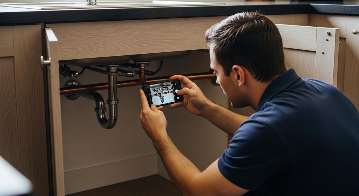 Plumber photographing completed pipework on a job site