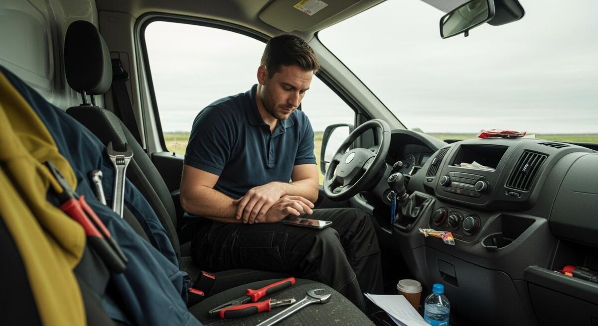 Tradesman checking ServiceM8 on phone while sitting in work van
