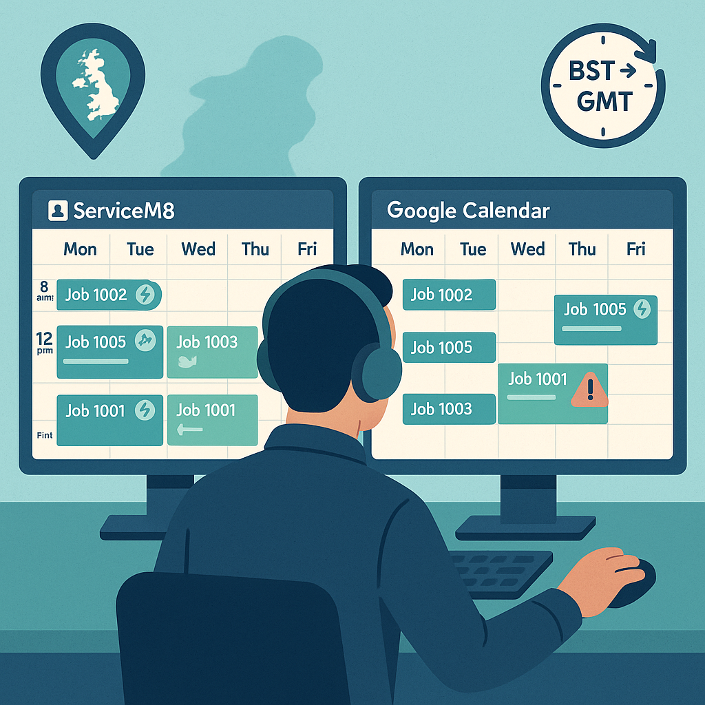 ServiceM8 ↔ Google Calendar (UK): fix one‑hour shifts, duplicates and missing jobs around BST/GMT featured image