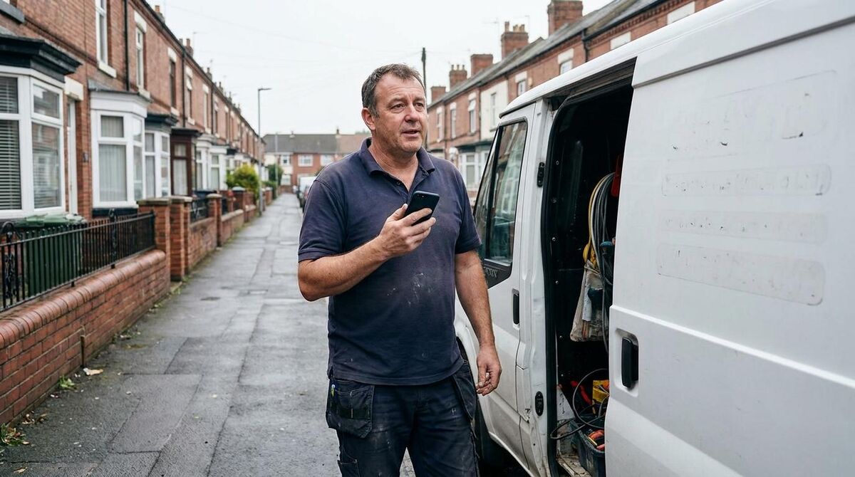 An electrician standing at the open side door of a signwritten van, speaking a note into a phone held near their chest