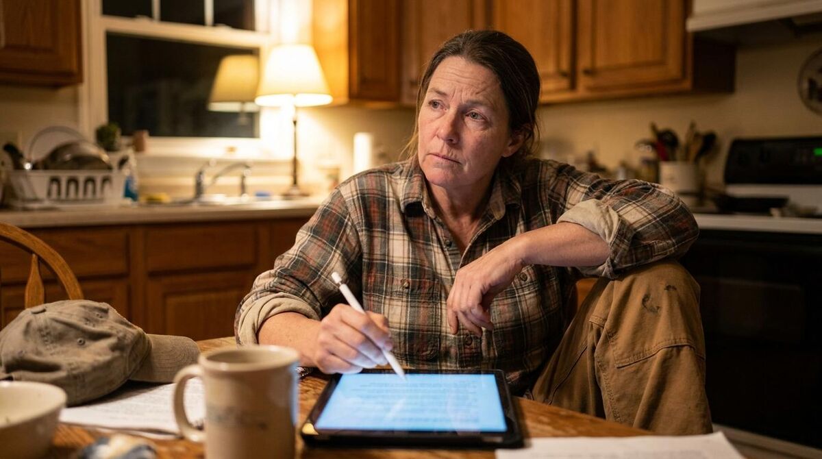 A tradesperson at a kitchen table reviewing a draft invoice on a tablet, pen in hand