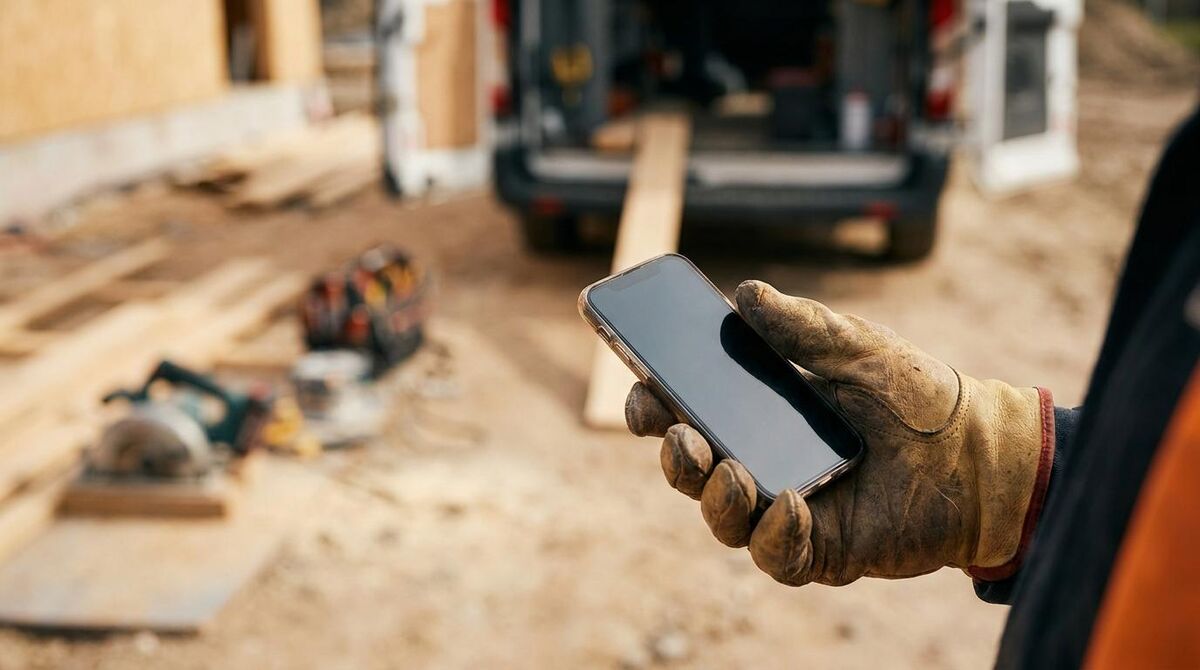 A close view of a smartphone held in a gloved hand on a job site, screen turned away from the camera
