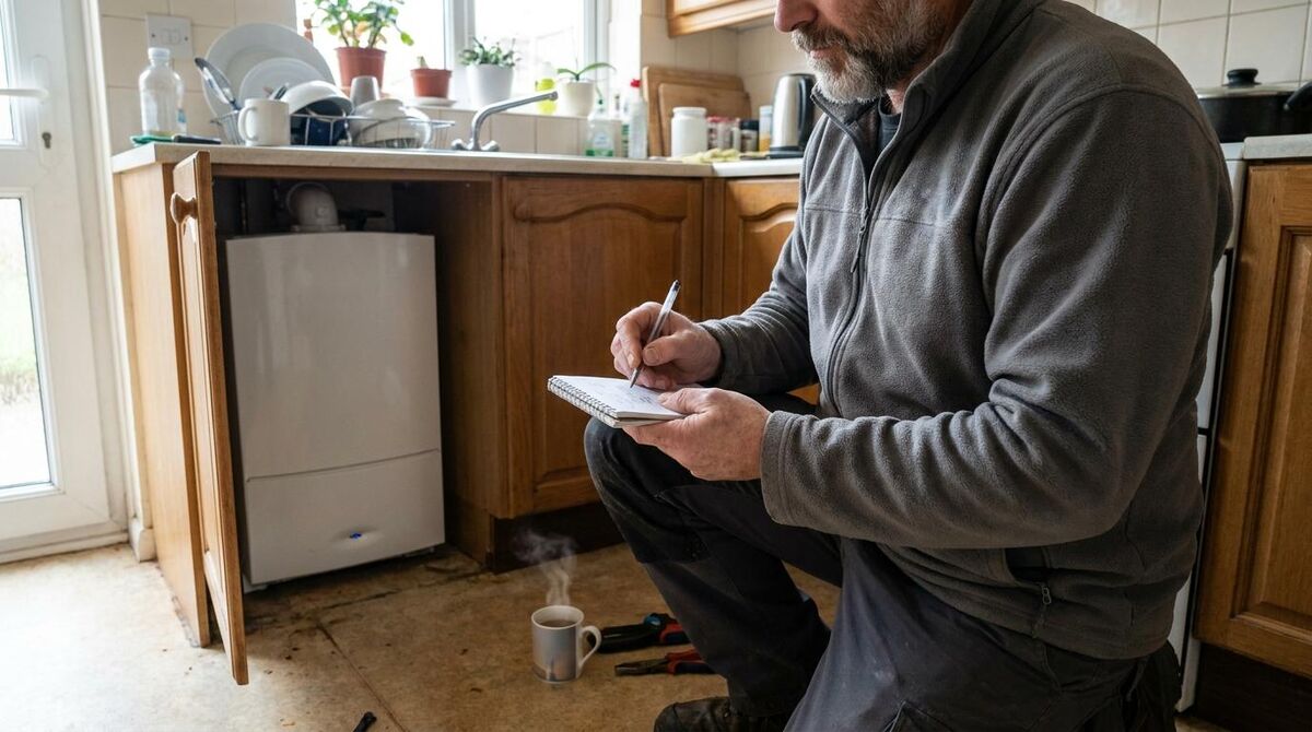 A field engineer in an ordinary work fleece making a quick note beside a boiler in a customer's kitchen