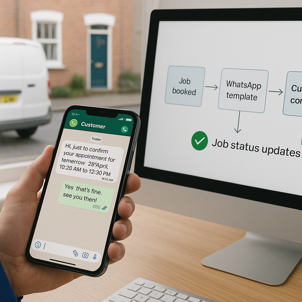 ServiceM8 to WhatsApp Business UK: automate booking confirmations with Make.com and cut no‑shows featured image