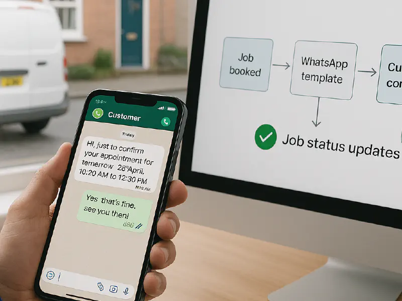 ServiceM8 to WhatsApp Business UK: automate booking confirmations with Make.com and cut no‑shows featured image
