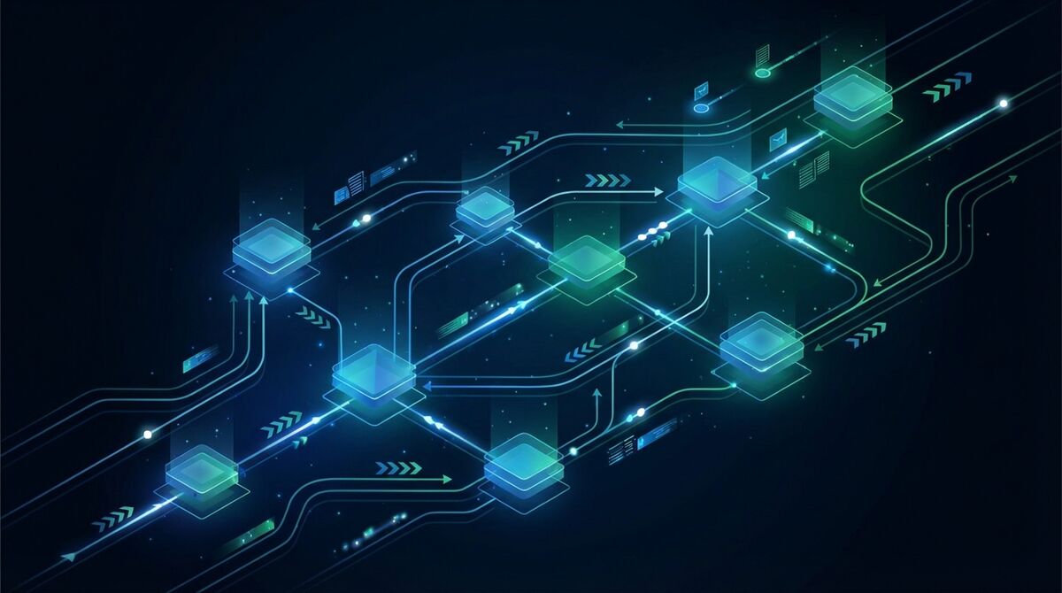 Abstract data automation flow showing connected modules with glowing arrows on dark background
