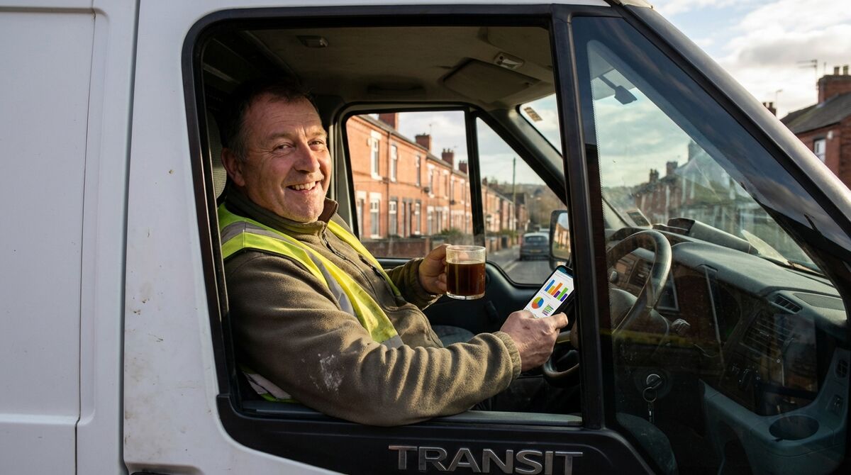 UK tradesperson relaxing in a Ford Transit van reviewing business results on a smartphone, satisfied expression