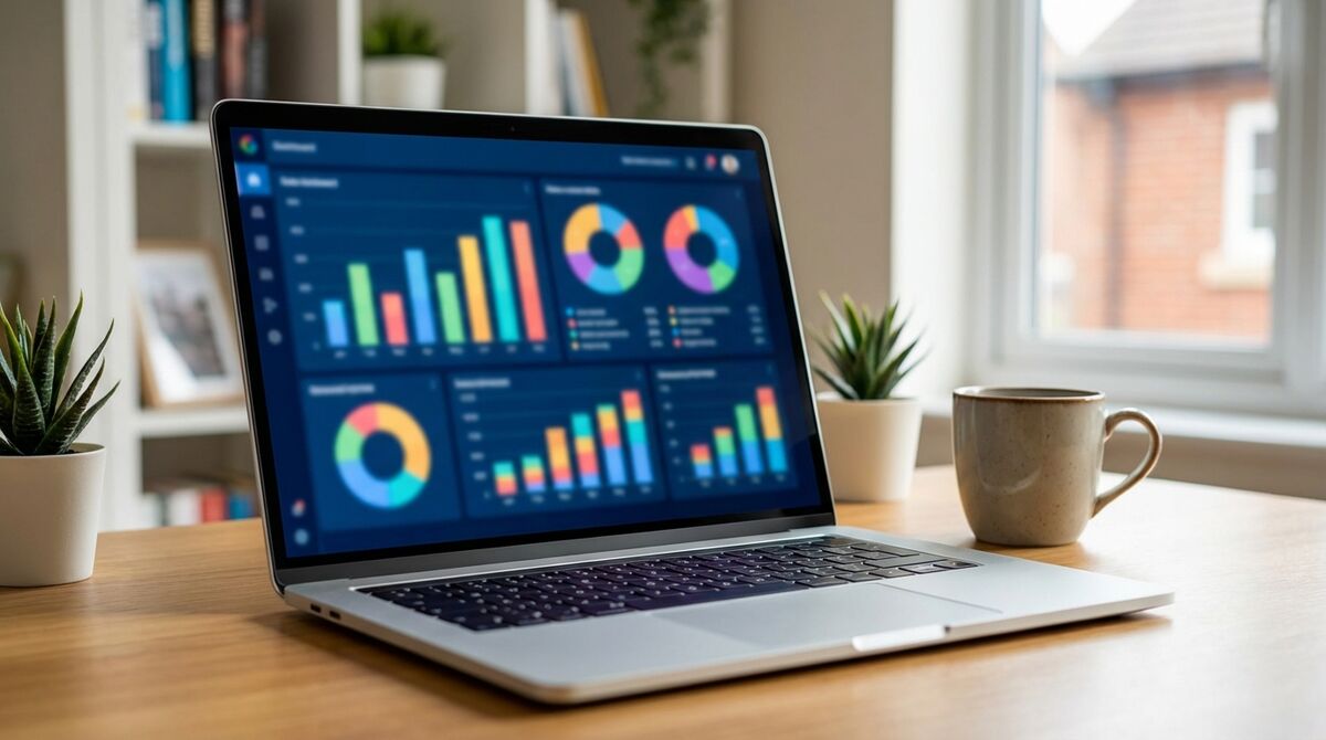 Laptop showing accounting dashboard with colourful invoice charts in a UK home office setting