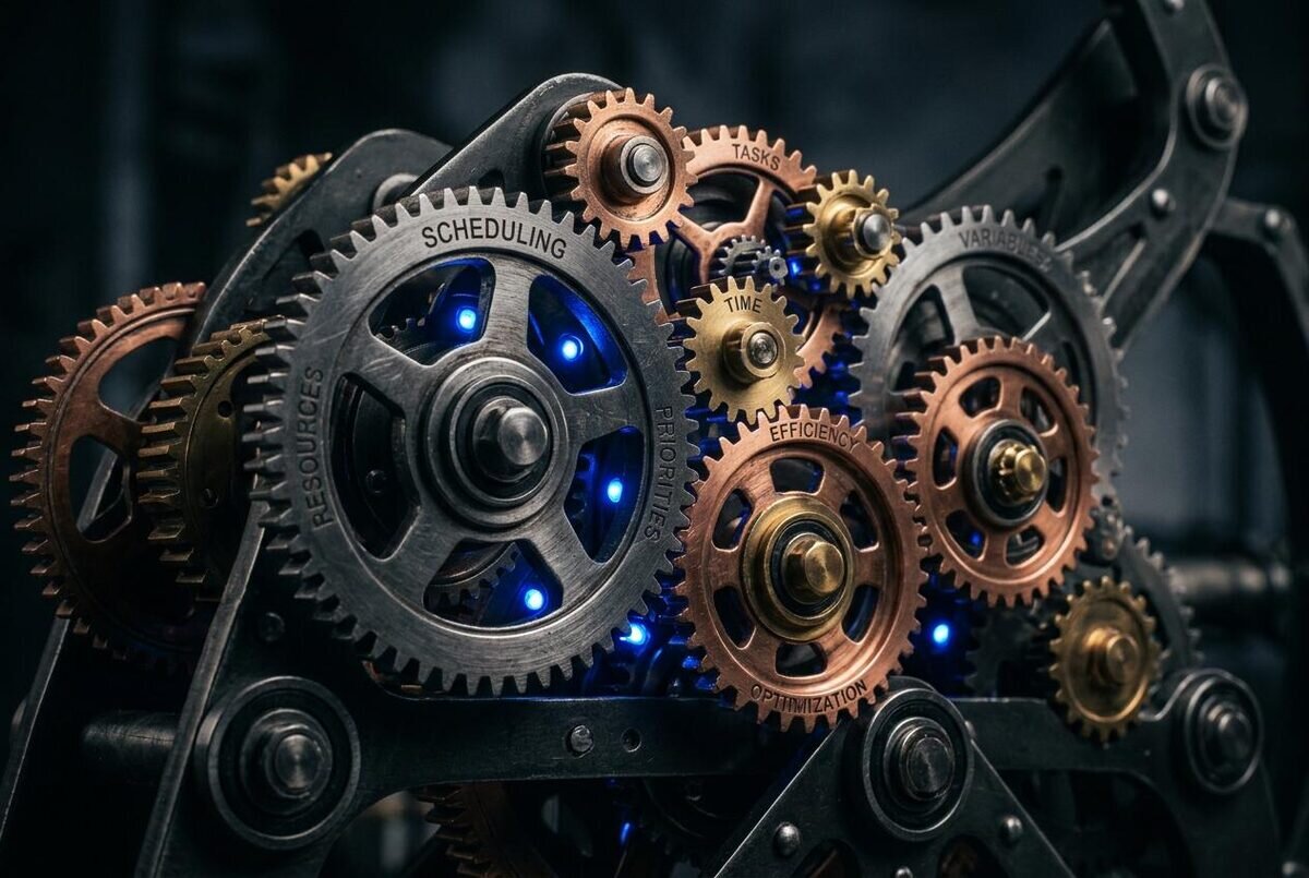 AI-powered scheduling interface showing optimised engineer routes and job assignments