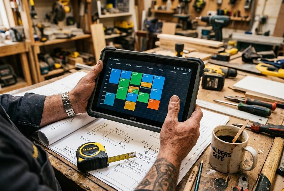 Modern dispatch scheduling board showing multiple engineers and their daily assignments