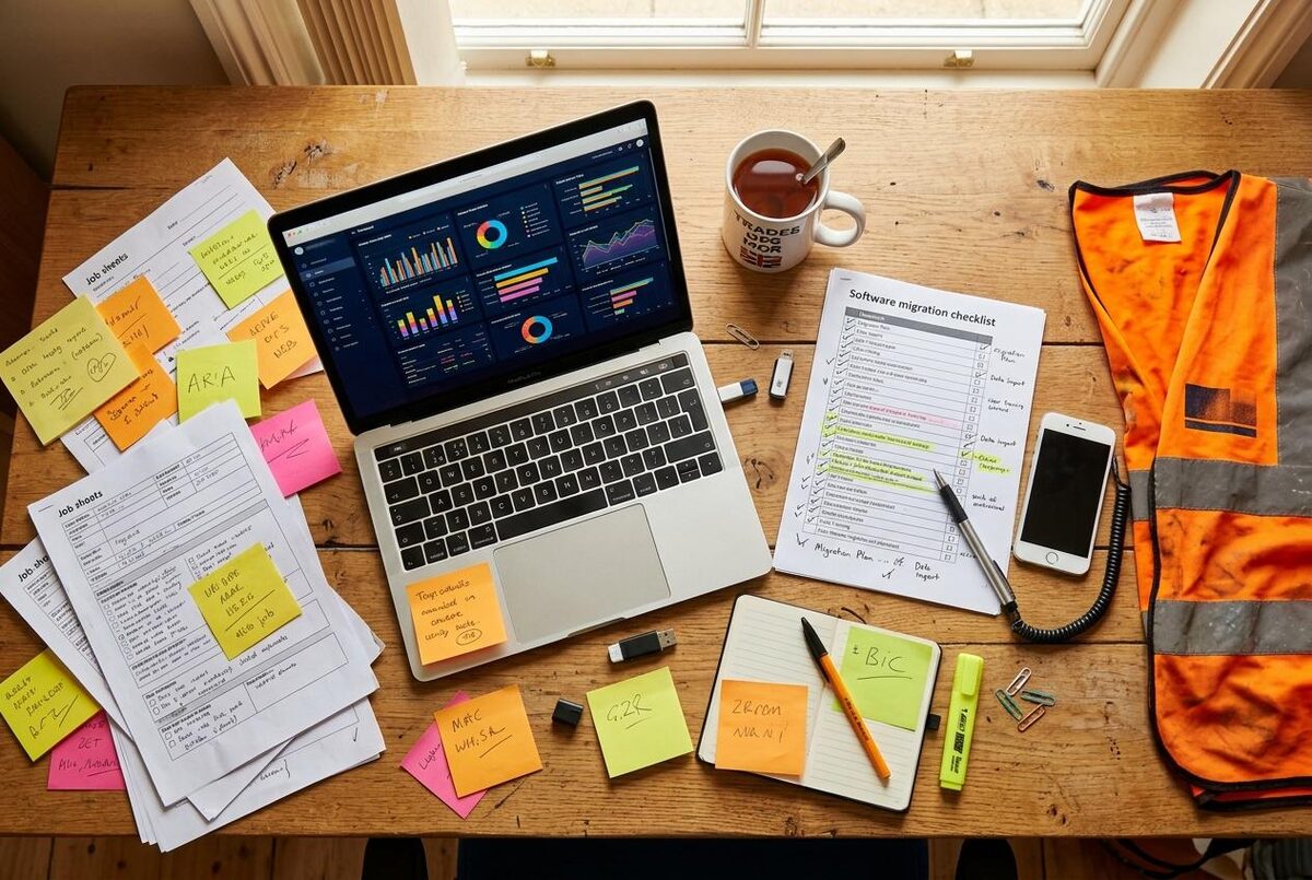 Overhead view of an operations manager's desk during FSM software migration with laptop, paperwork, and migration checklist