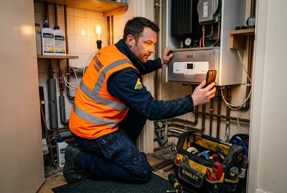 Field service engineer using a mobile app on a tablet to manage job details on site