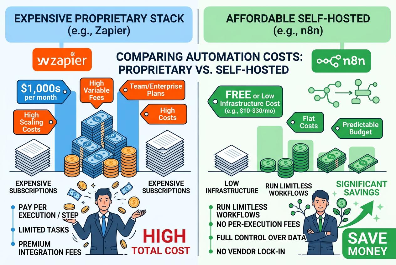 Infographic comparing monthly costs of Zapier versus n8n self-hosted for trades businesses