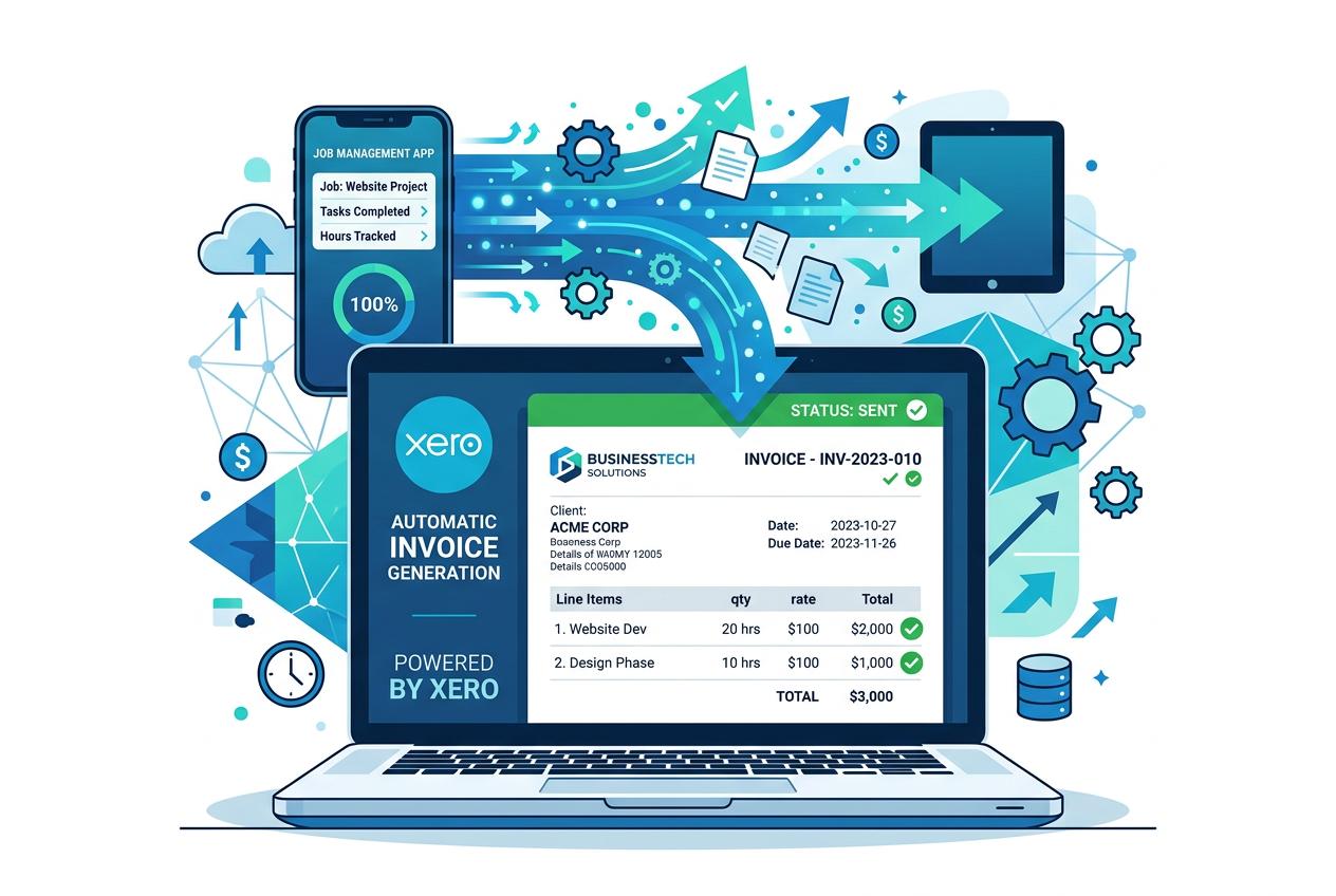 Diagram showing ServiceM8 job completion triggering automatic Xero invoice creation