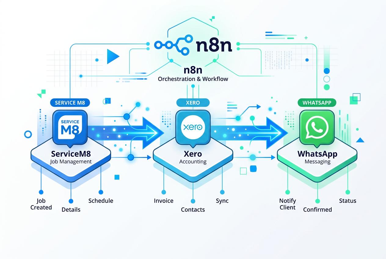 Overview of the ServiceM8 to Xero to WhatsApp automation pipeline showing data flow between each platform