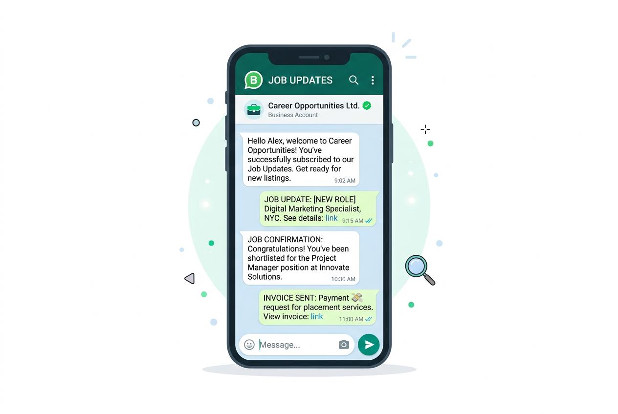WhatsApp Business conversation showing automated job confirmation messages sent by n8n