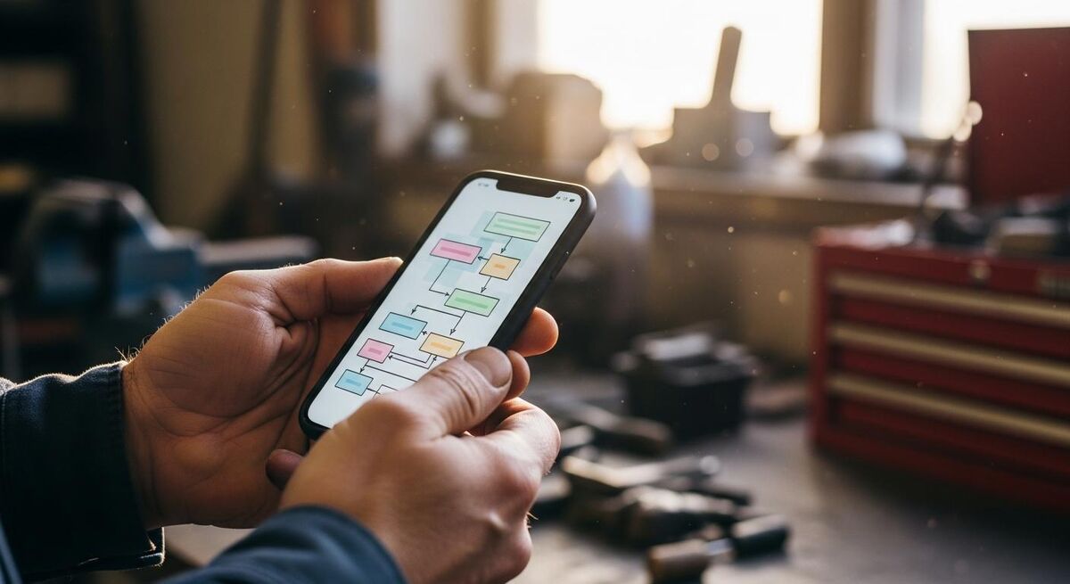 Tradesperson reviewing an automated financial workflow on a phone