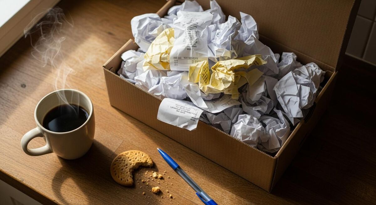 Crumpled receipts in a shoebox on a kitchen counter