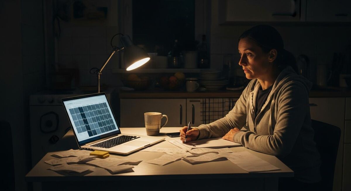 Tradesperson reconciling CIS receipts at a kitchen table at night