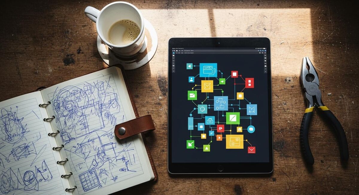 Tablet showing job management software on a workshop desk beside tools and a notepad