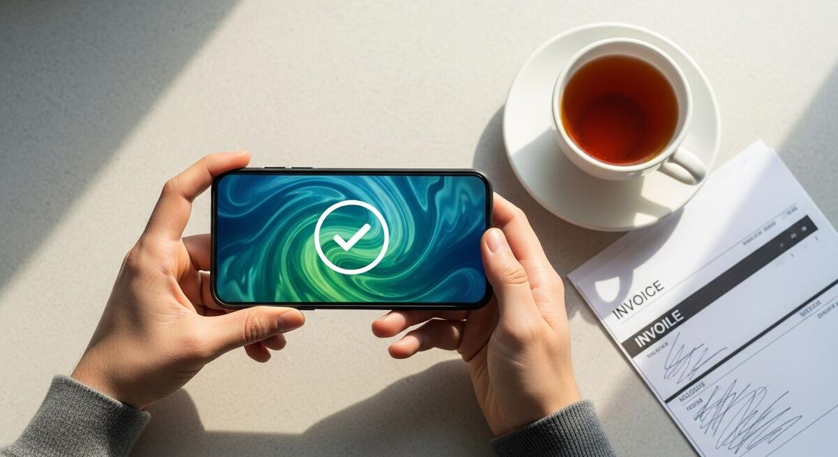 Customer holding a smartphone showing a payment confirmation screen with a kitchen counter in the background