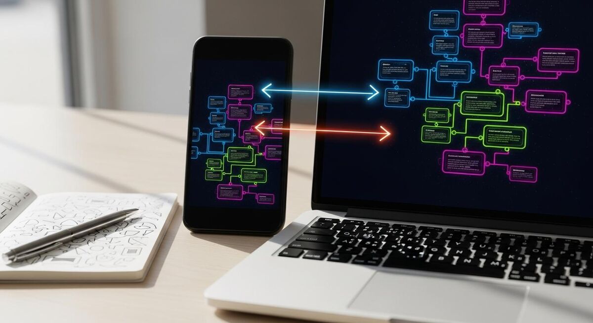 Close-up of a laptop and phone on a desk showing software interfaces with connecting arrows
