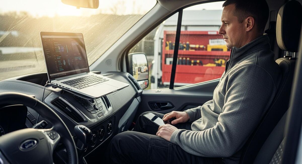 Tradesperson in a work fleece setting up software on a phone inside a van