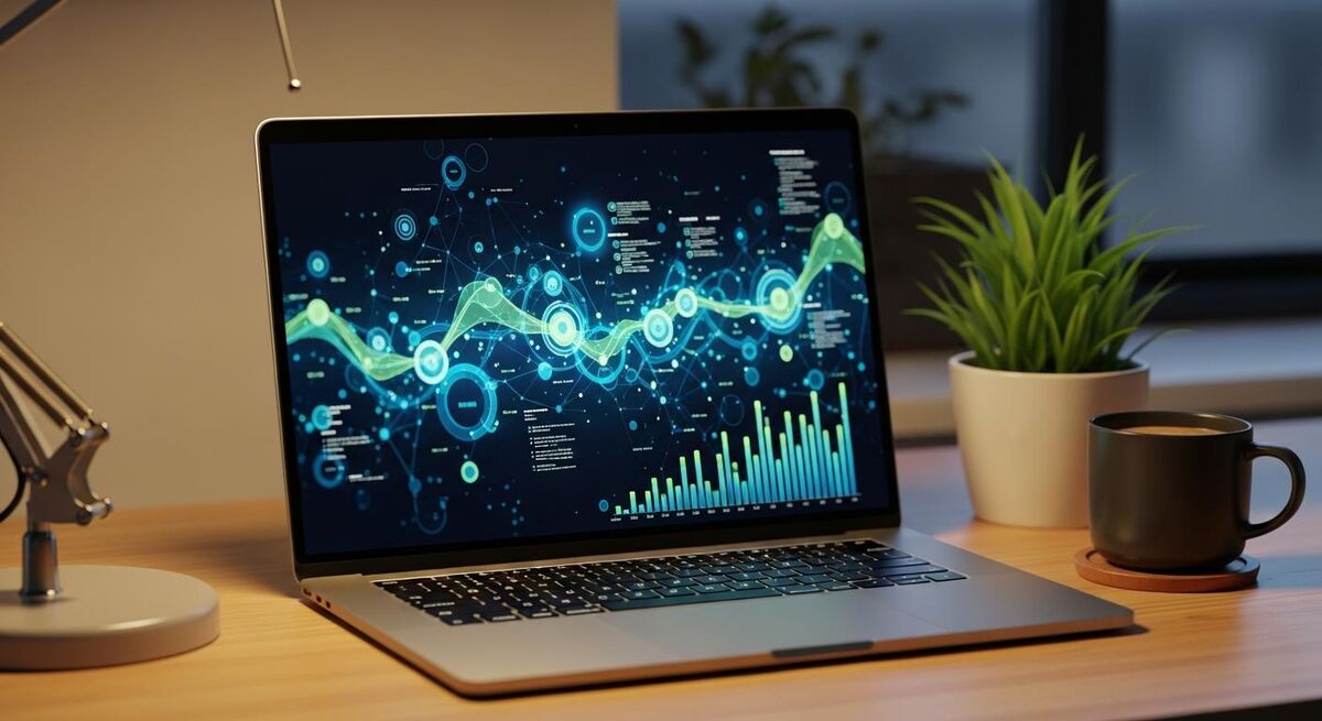 Laptop showing accounting software dashboard with bank reconciliation data in warm office light