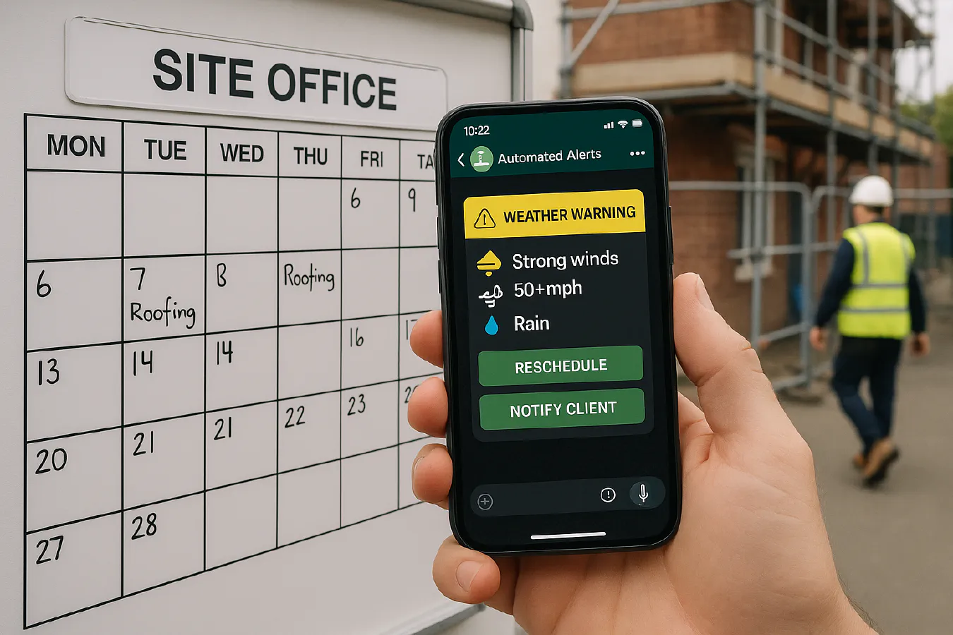Set up weather-based WhatsApp alerts for roofing jobs: wind and rain thresholds, rescheduling and client updates featured image