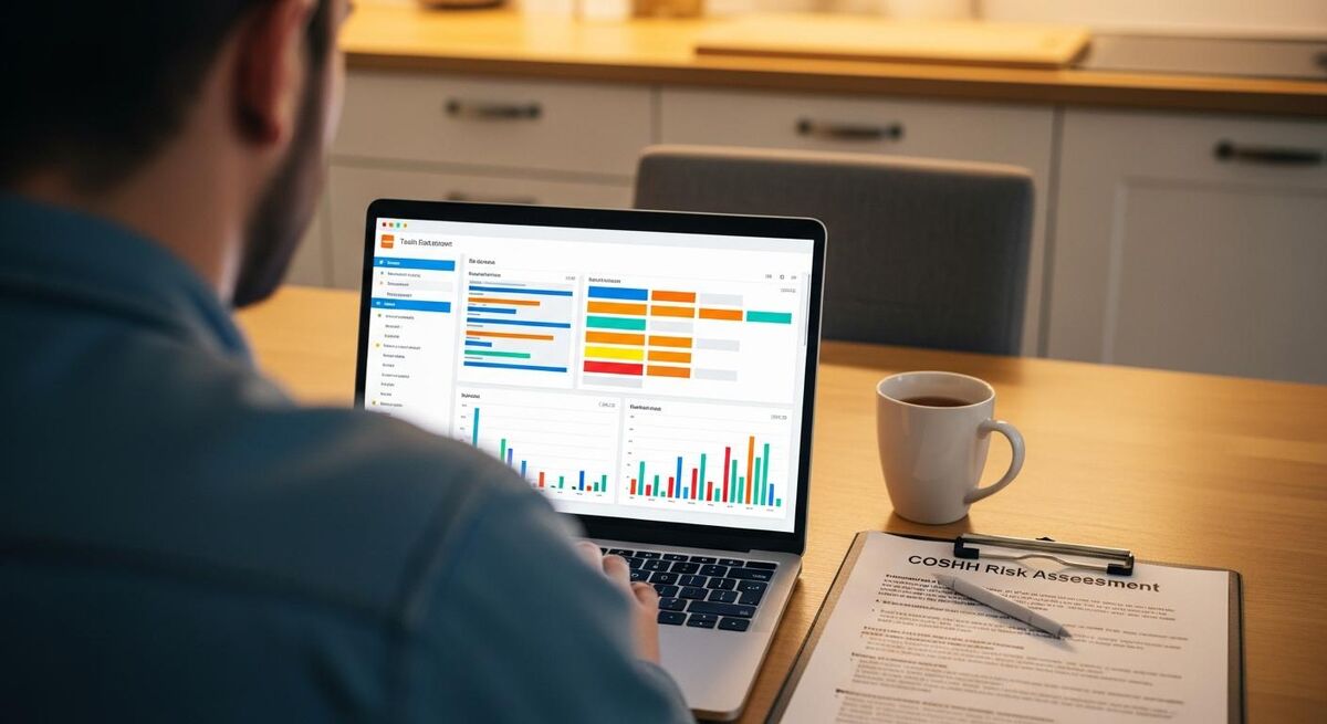 A UK trades business owner working at a laptop reviewing a digital compliance dashboard at a kitchen table office