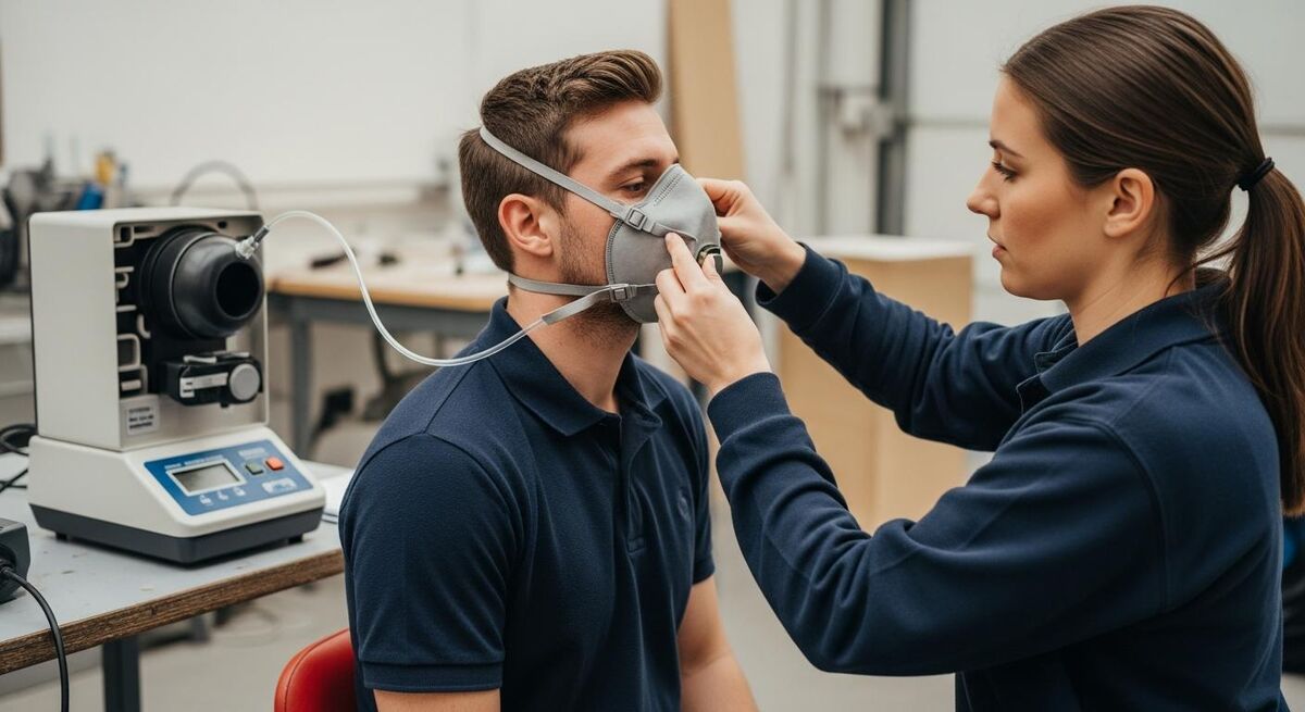 A UK tradeswoman in her 30s carrying out a quantitative face-fit test on a clean-shaven colleague wearing a tight-fitting FFP3 respirator