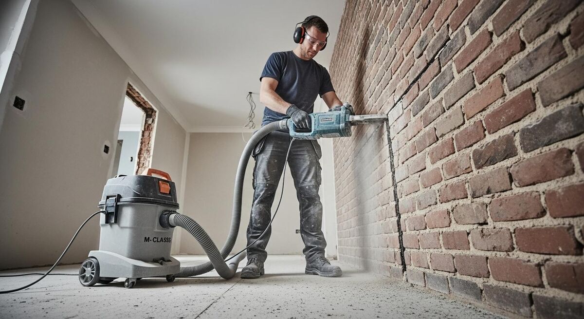 A UK electrician using a wall chaser with M-class dust extractor on a brick wall inside a renovation property, almost no visible dust