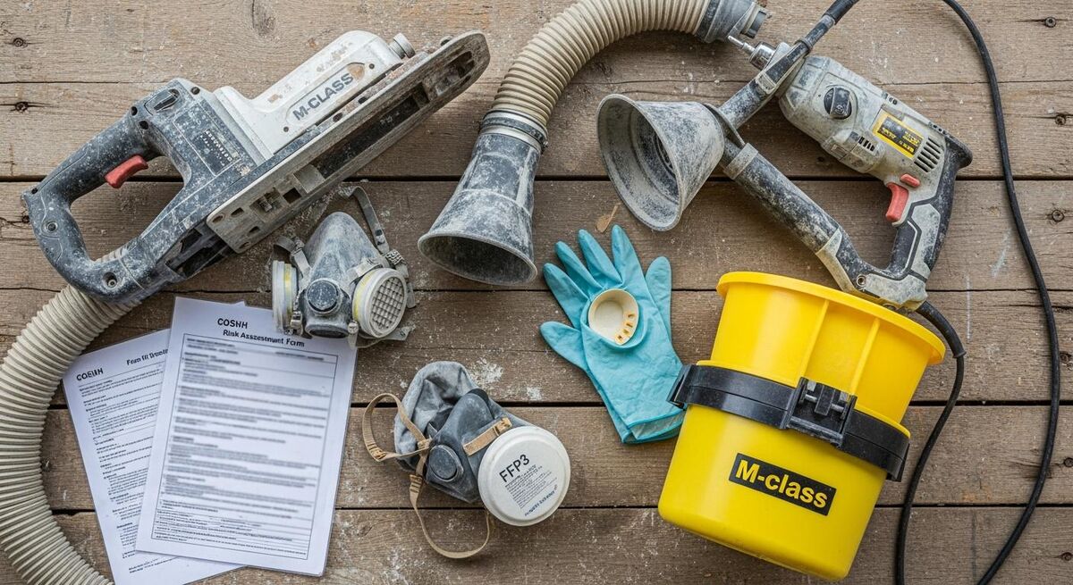 Overhead view of UK construction tools used in silica-generating work, including a wall chaser with extraction hose, FFP3 respirator and printed COSHH paperwork