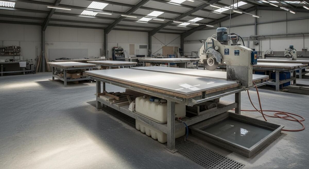 A UK stonemason workshop showing a half-cut quartz worktop slab with water suppression evidence on the bench and drainage tray