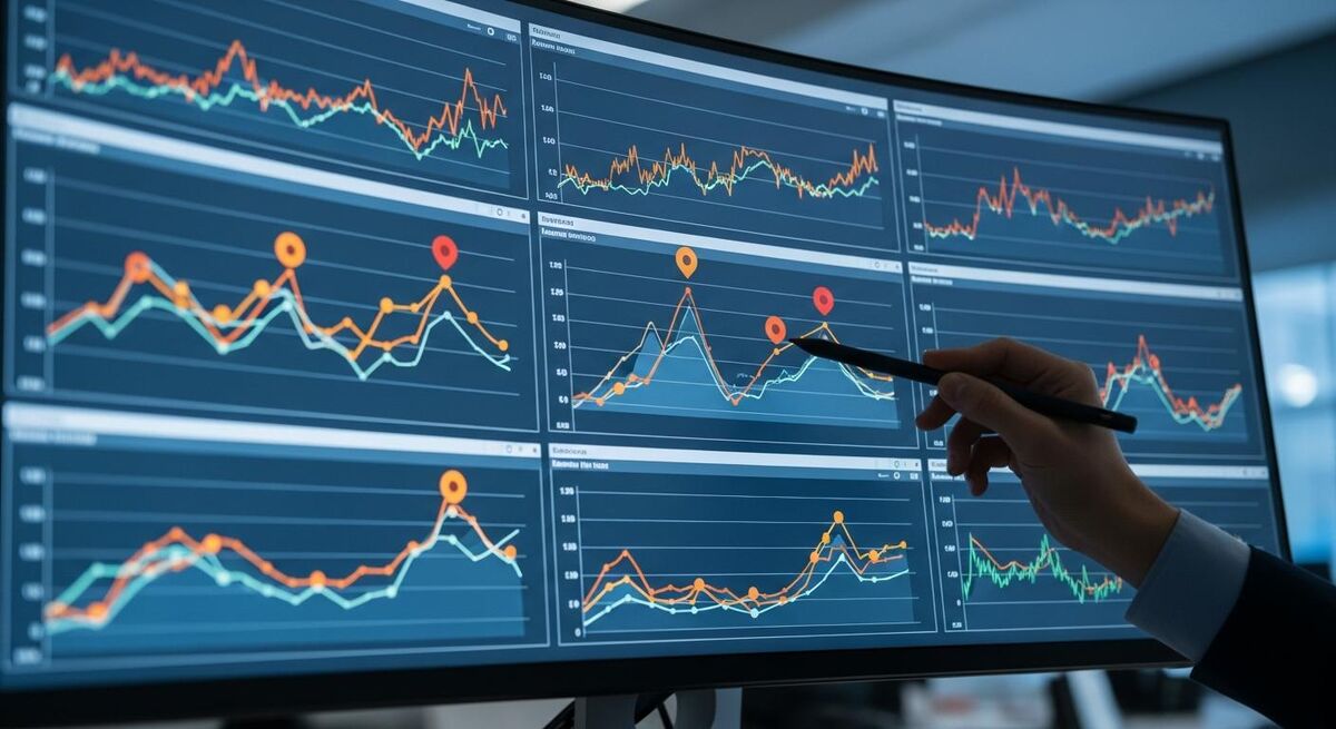 A multi-panel dashboard showing branch revenue trends with highlighted variance flags