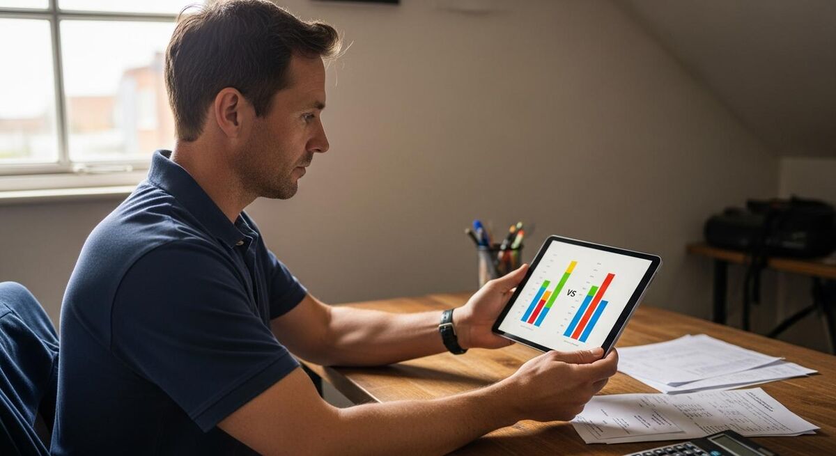 A trades business owner reviewing a cost comparison spreadsheet on a tablet in an office