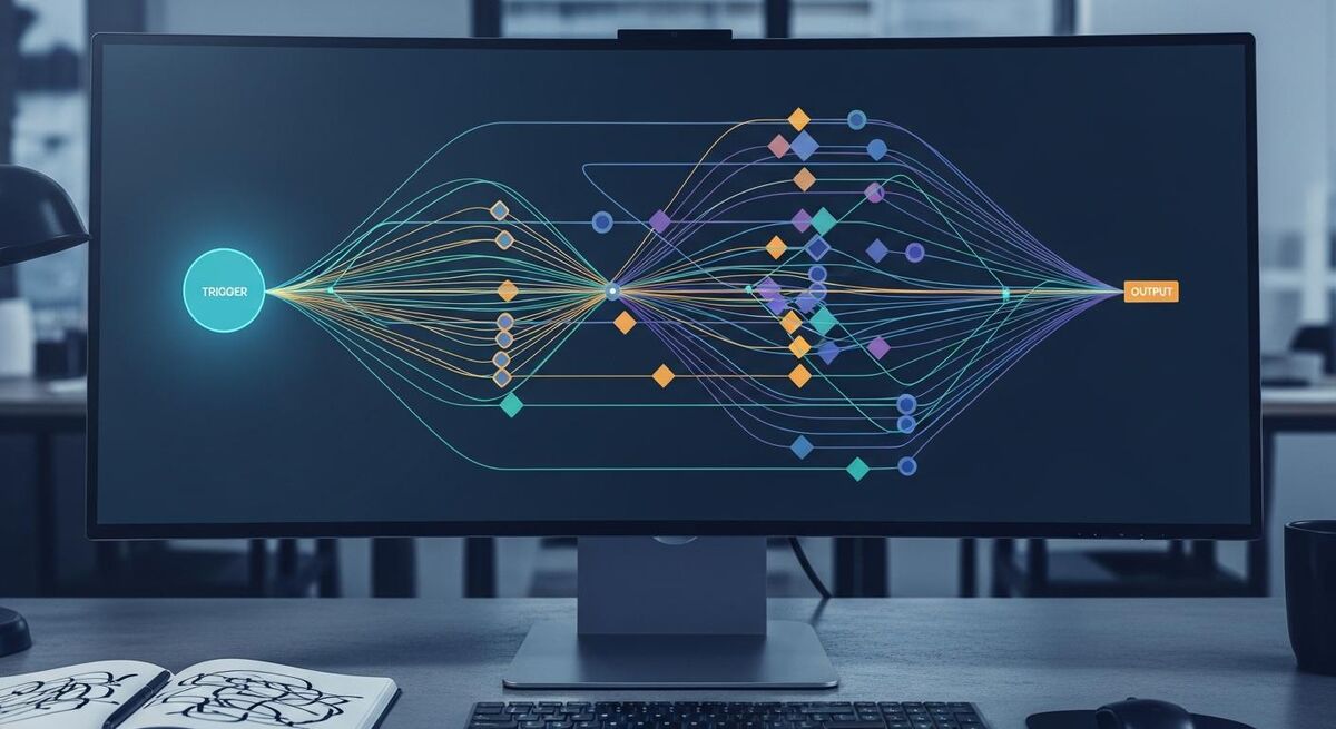 A workflow diagram on a screen showing branched data flow from multiple sources into a single consolidated output