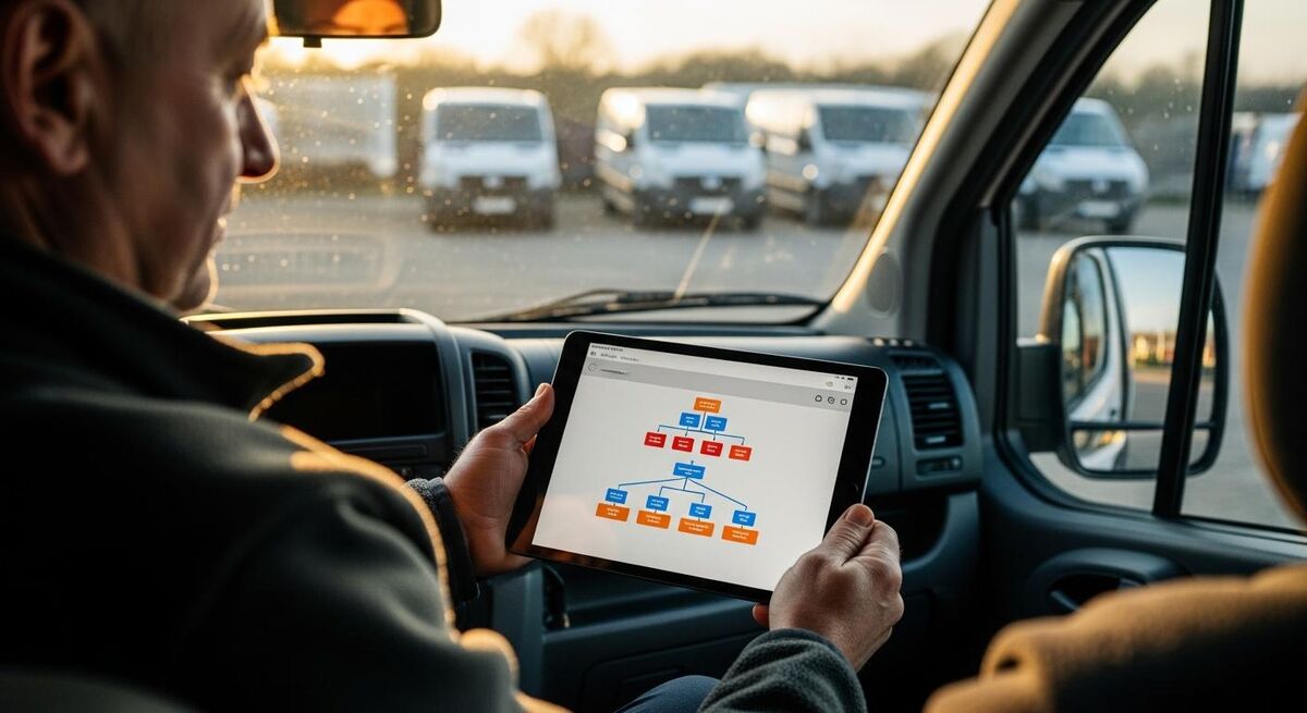 A trades business owner reviewing a branch hierarchy diagram on a tablet in a van