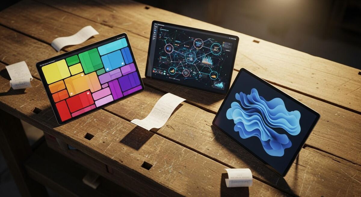 Three trade software logos arranged around an automation hub on a workshop bench