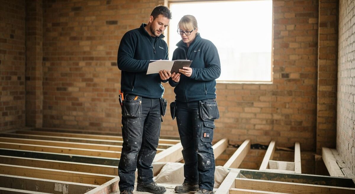 A pair of construction workers in regular trade clothing standing on a partly built first-floor structure, reading from a folder of paperwork together.