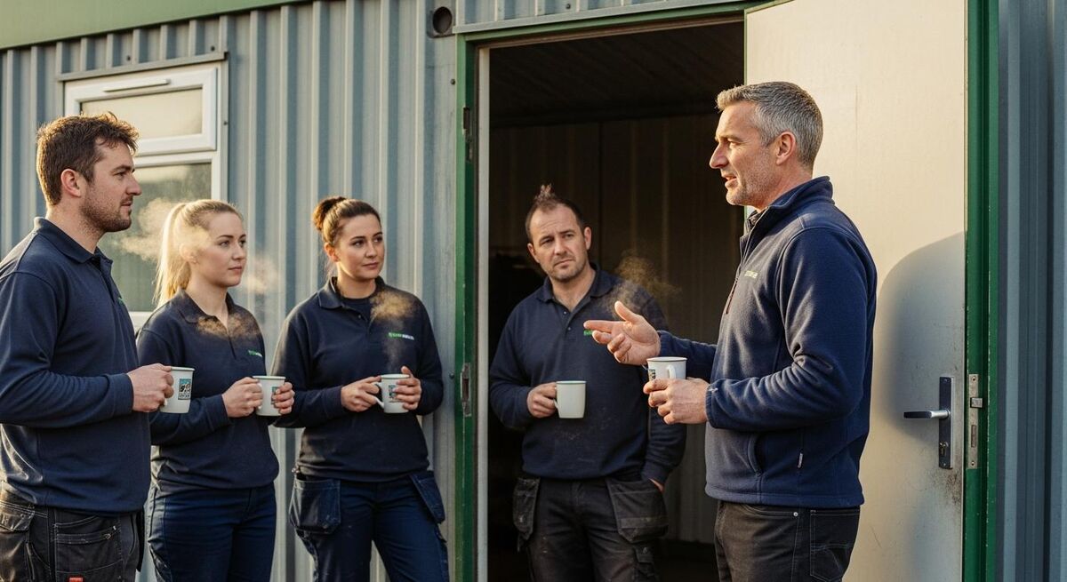 A trade supervisor delivering a toolbox talk to a small group of subcontractors at a site welfare cabin, all dressed in normal site work clothes.